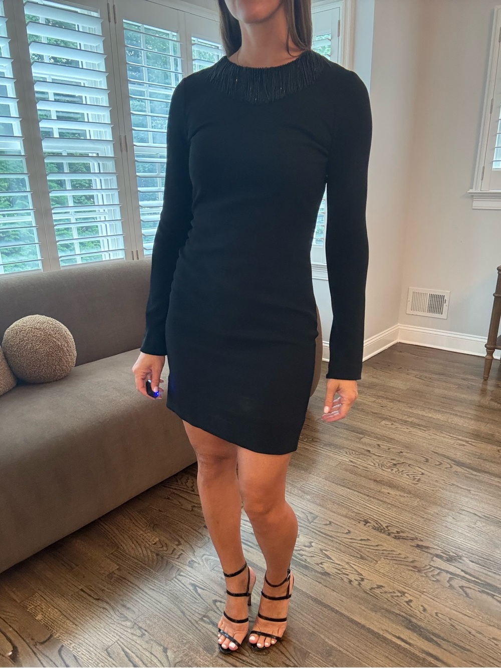 Diane Von Furstenberg Black Long-Sleeve Mini Dress with Fringe Neckline